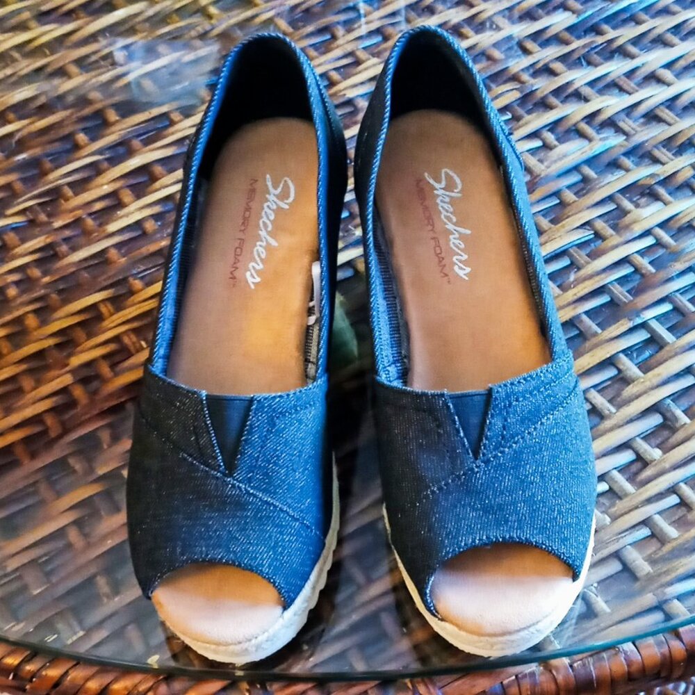 Cute Skechers Cali Denim Wedge Espadrille Memory Foam Women's Peep-toe Shoes